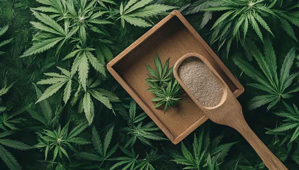 Close-up of deep green cannabis leaves with baking soda on soil, showcasing the effects of baking soda on weeds in outdoor cultivation