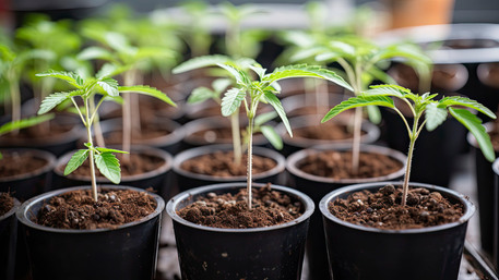 Young cannabis plants thriving after successful germination, ready to be transplanted into larger containers.