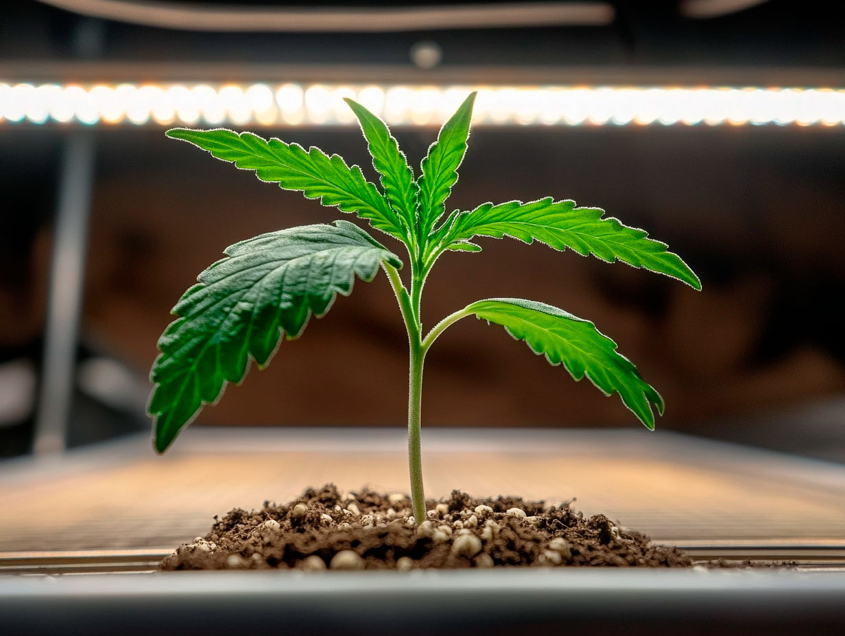 Young cannabis seedling developing under indoor LED lights inside a home grow tent